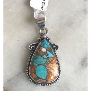 NEW Spiney Turquoise Sterling Silver Beaded Border Pendant
